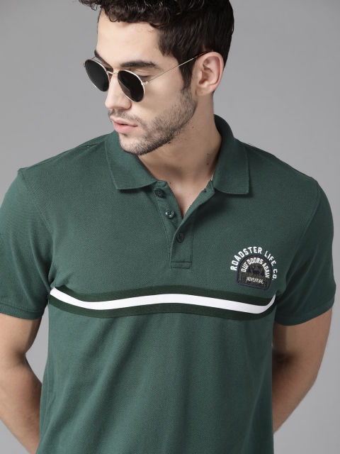 

Roadster Men Green Pure Cotton Striped Polo Collar T-shirt