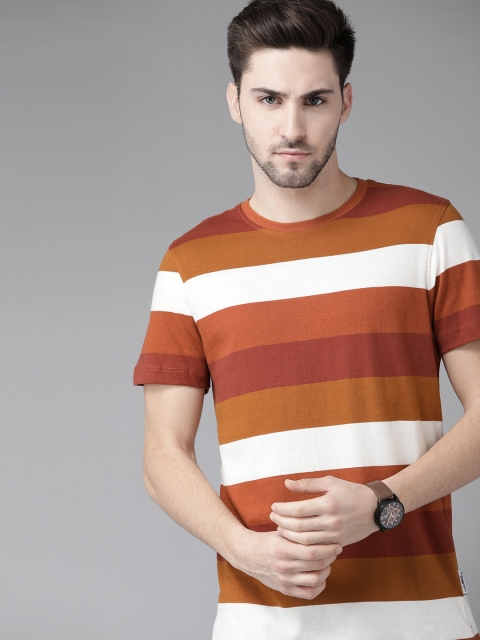 

The Roadster Lifestyle Co Men Rust Orange White Striped Pure Cotton T-shirt