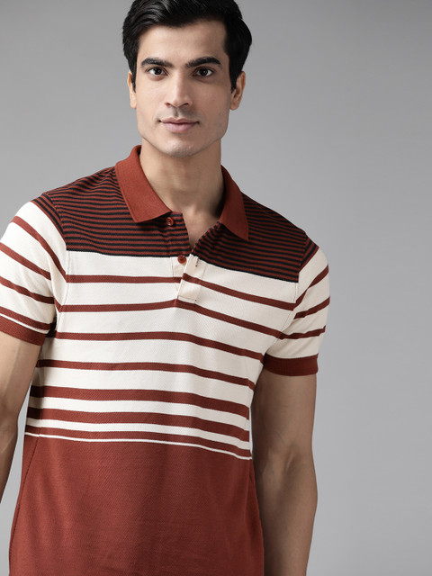

The Roadster Lifestyle Co Men Rust Red & Cream-Coloured Cotton Striped Polo Collar T-shirt