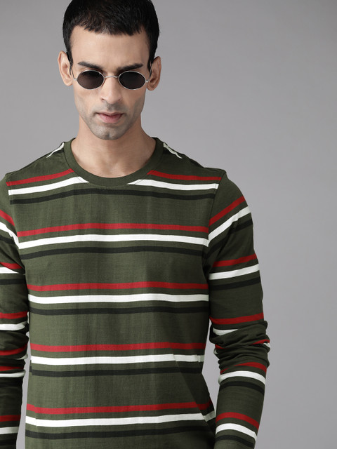 

The Roadster Lifestyle Co Men Green & White Striped Pure Cotton T-shirt