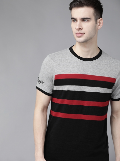 

The Roadster Lifestyle Co Men Grey Melange Black Pure Cotton Striped Pure Cotton T-shirt