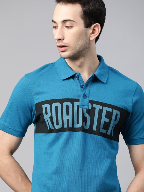 

The Roadster Lifestyle Co Men Blue Black Brand Logo Print Pure Cotton Polo Collar Pure Cotton T-shirt