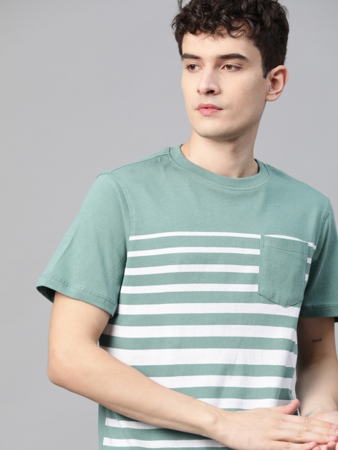 

Roadster Men Pure Cotton Pocket Green & White Striped T-shirt