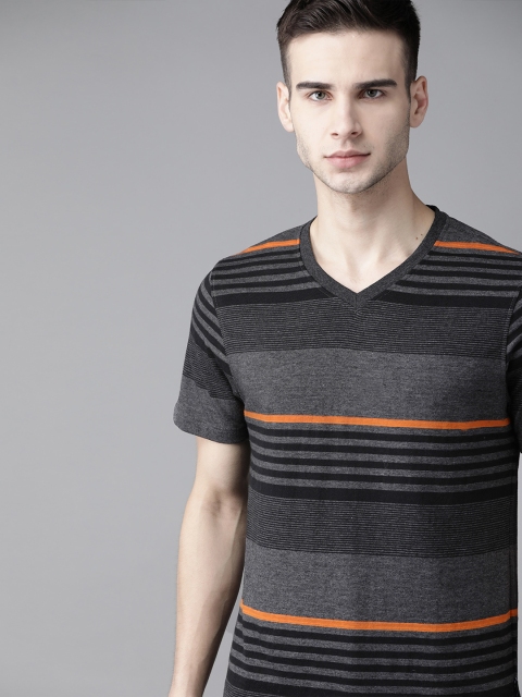 

The Roadster Lifestyle Co Men Charcoal Grey Black Pure Cotton Striped V-Neck Pure Cotton T-shirt