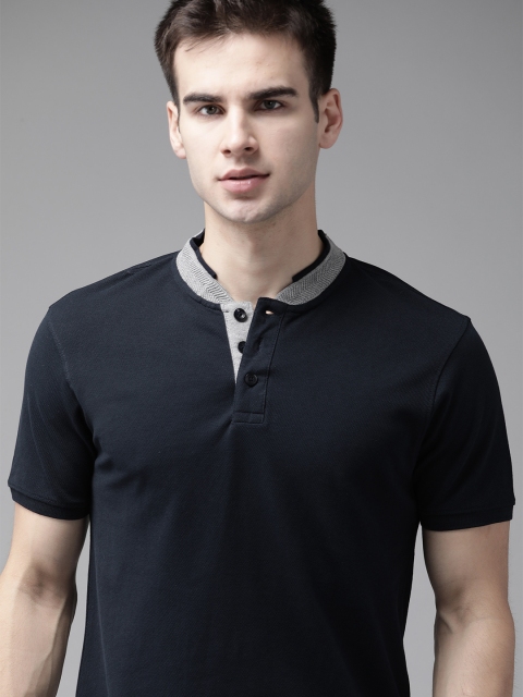 

Roadster Men Navy Blue Solid Stand Collar T-shirt