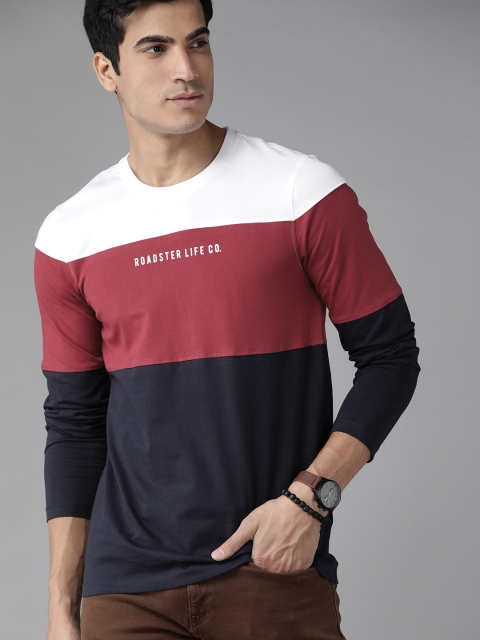

Roadster Men White & Maroon Colourblocked Cotton Round Neck T-shirt