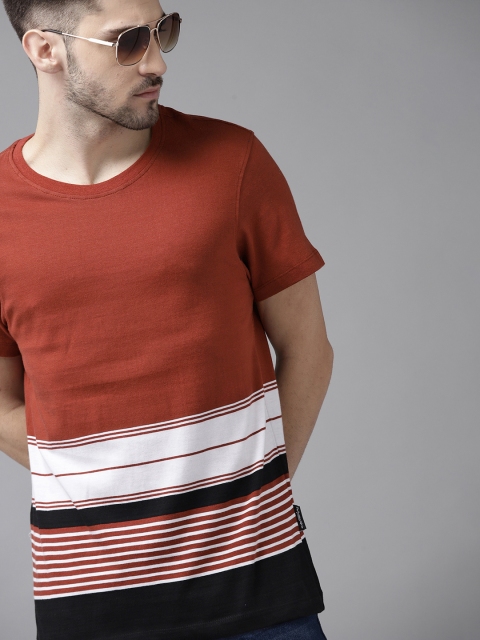 

The Roadster Lifestyle Co Men Rust Red & White Striped Pure Cotton T-shirt