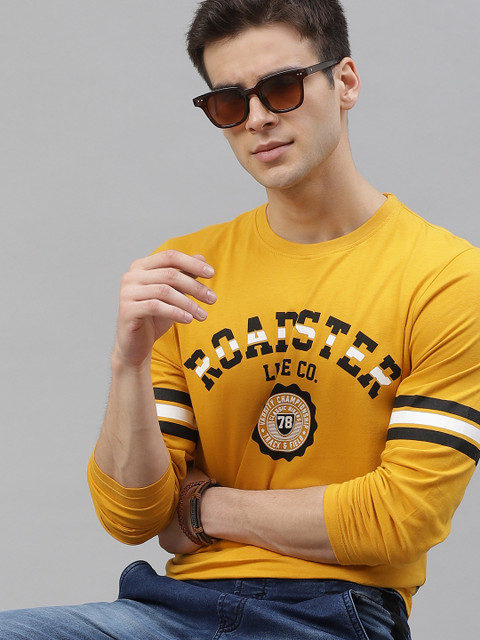 

The Roadster Lifestyle Co Men Mustard Yellow Pure Cotton Printed Round Neck Pure Cotton T-shirt