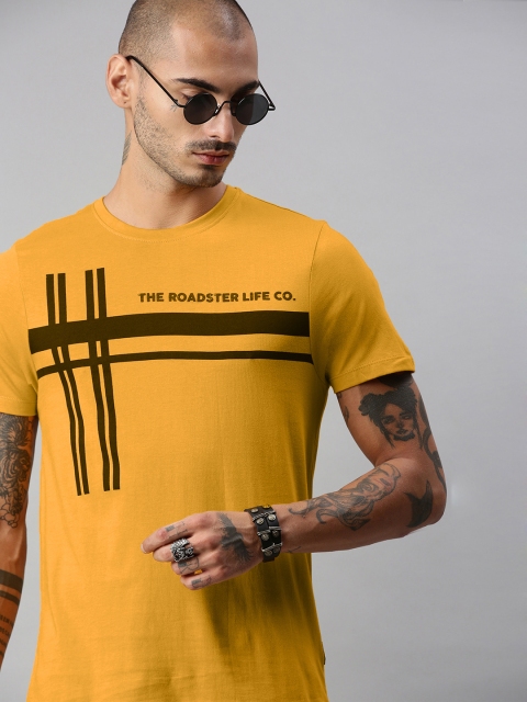 

The Roadster Lifestyle Co Men Yellow Brown Striped Pure Cotton T-shirt