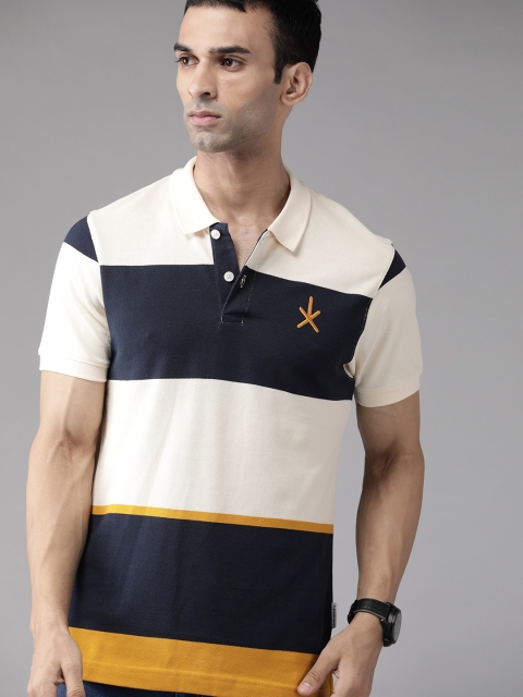 

The Roadster Lifestyle Co Men Navy Blue & Cream-Coloured Colourblocked Polo Collar Pure Cotton T-shirt