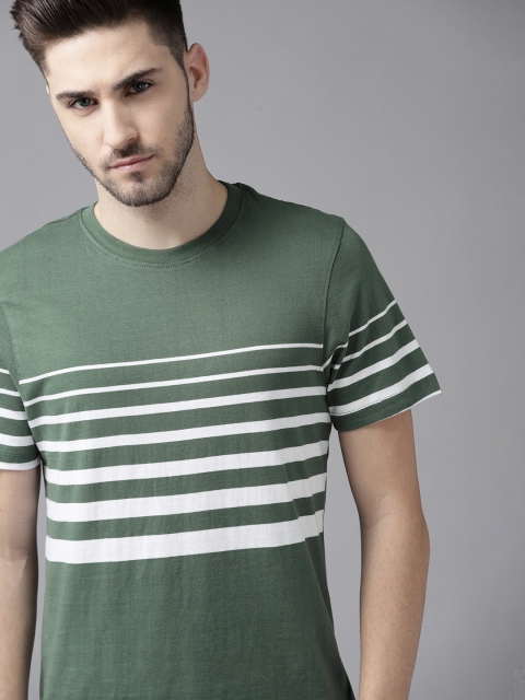 

The Roadster Lifestyle Co Men Green & White Striped Pure Cotton T-shirt