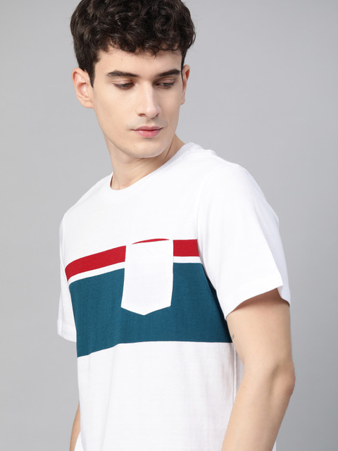 

The Roadster Lifestyle Co Men White Teal Blue Pure Cotton Striped Pure Cotton T-shirt