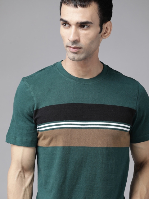 

The Roadster Lifestyle Co Men Green Beige Pure Cotton Striped Pure Cotton T-shirt