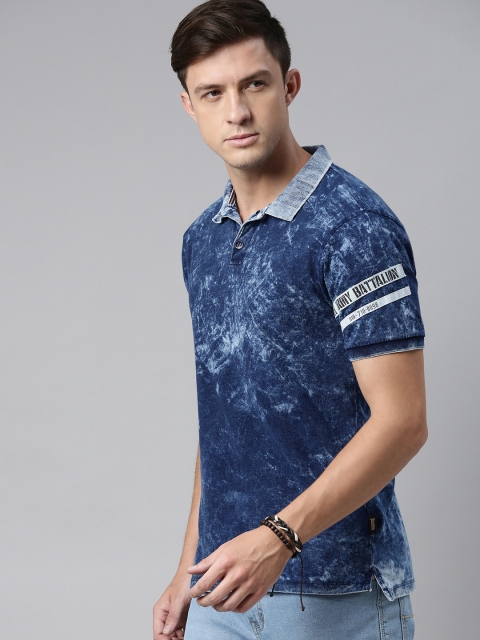 

The Roadster Lifestyle Co Men Navy Blue Tie and Dye Pure Cotton Polo Collar Pure Cotton T-shirt