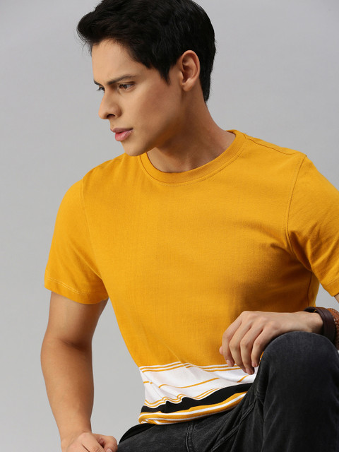 

The Roadster Lifestyle Co Men Mustard Yellow White Striped Pure Cotton T-shirt