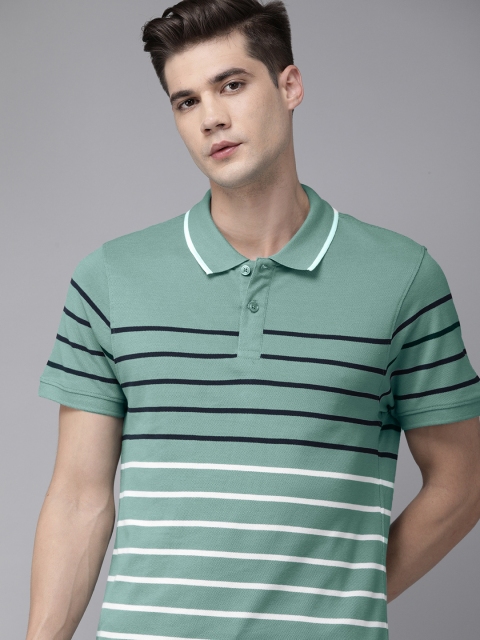 

The Roadster Lifestyle Co Men Green Black Striped Polo Collar Pure Cotton T-shirt