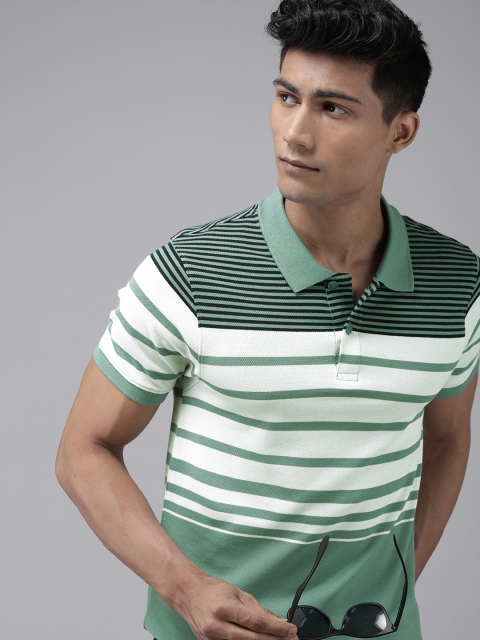 

The Roadster Lifestyle Co Men Green & Off White Striped Polo Collar T-shirt