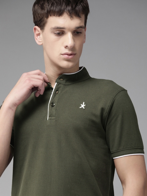 

Roadster Men Olive Green Pure Cotton Solid Band Collar T-shirt