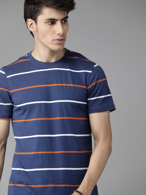 

The Roadster Lifestyle Co Men Navy Blue White Striped Pure Cotton T-shirt