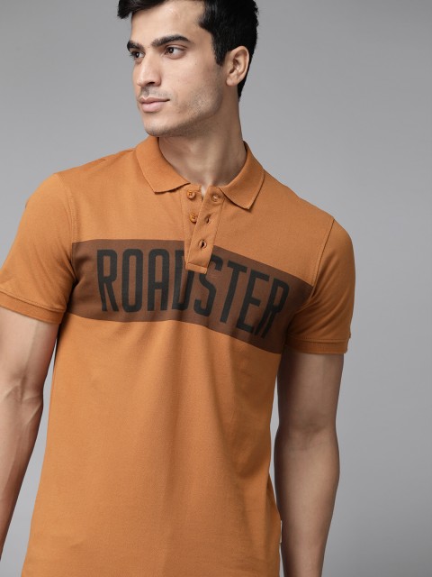 

The Roadster Lifestyle Co Men Rust Orange & Navy Blue Printed Cotton Polo Collar T-shirt