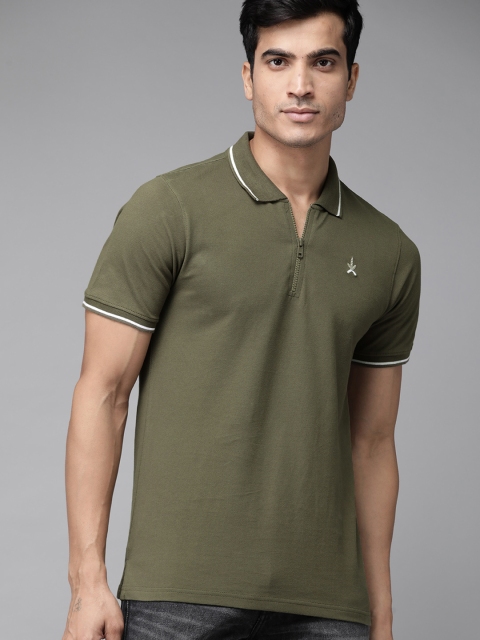 

Roadster Men Olive Green Solid Cotton Polo Collar T-shirt
