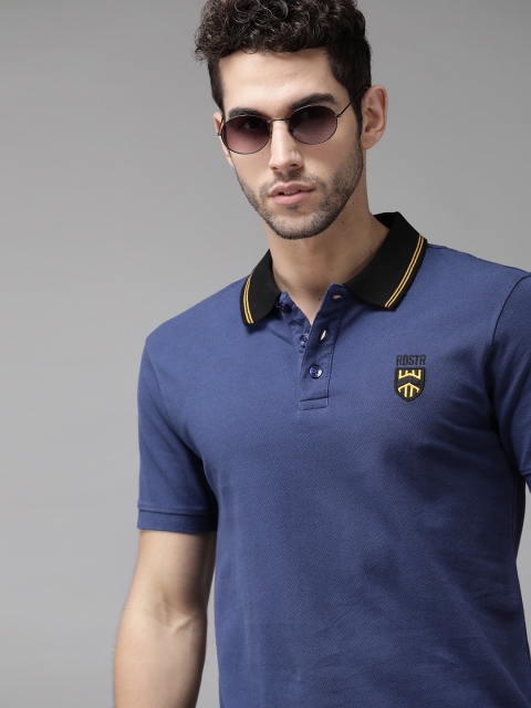 

The Roadster Lifestyle Co Men Navy Blue Solid Pure Cotton Polo Collar Pure Cotton T-shirt