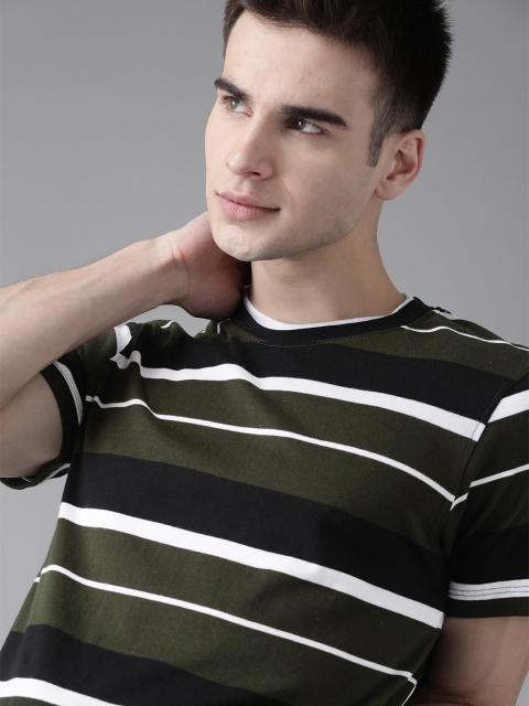 

Roadster Men Olive Green & Black Pure Cotton Striped Round Neck T-shirt