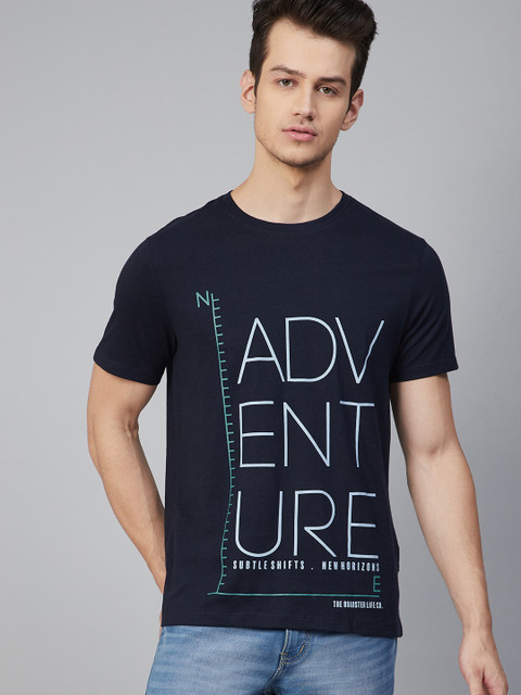 

The Roadster Lifestyle Co Men Navy Blue Pure Cotton Typographic Print Round Neck T-shirt