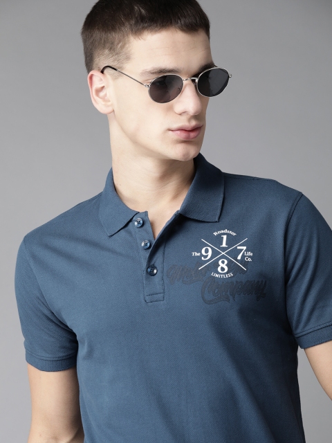 

Roadster Men Navy Blue Solid Pure Cotton Polo Collar T-shirt