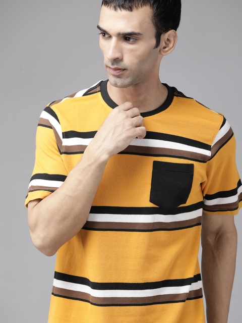 

The Roadster Lifestyle Co Men Mustard Yellow Black Striped Pure Cotton T-shirt