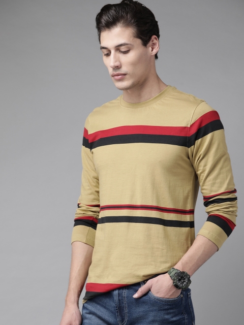 

The Roadster Lifestyle Co Men Khaki & Black Striped Pure Cotton T-shirt