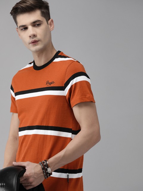 

The Roadster Lifestyle Co Men Rust Orange & White Striped T-shirt