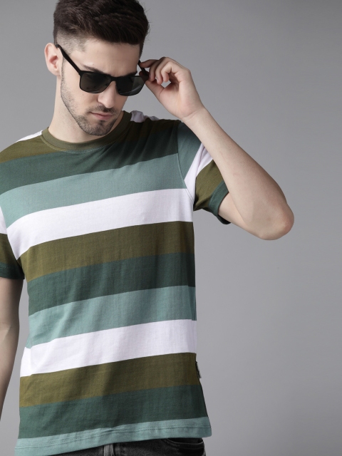 

The Roadster Lifestyle Co Men Green & White Striped Cotton T-shirt