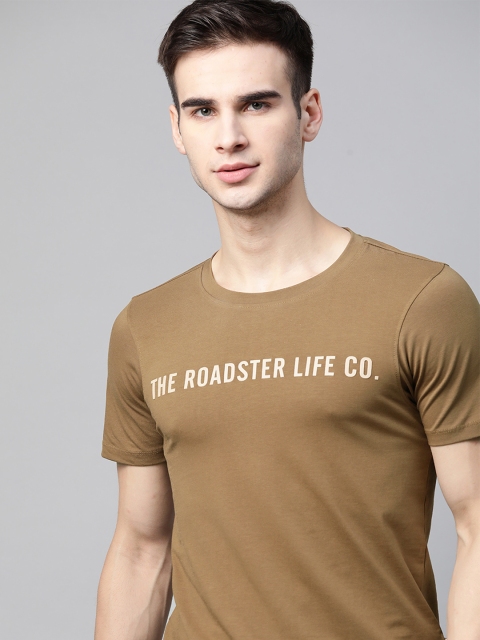 

The Roadster Lifestyle Co Men Khaki Brand Logo Printed T-shirt