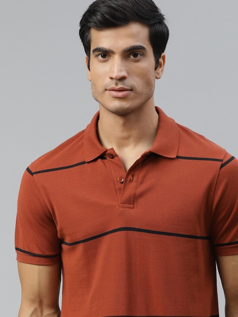 

The Roadster Lifestyle Co Men Rust Brown Black Striped Pure Cotton Polo Collar Pure Cotton T-shirt
