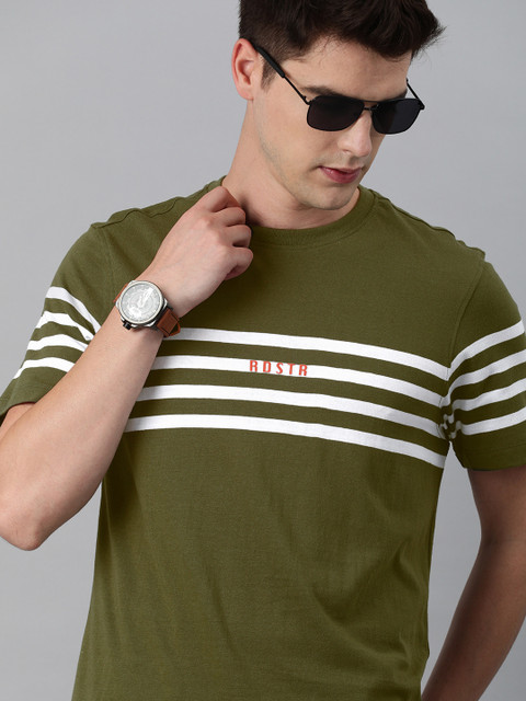 

The Roadster Lifestyle Co Men Olive Green Striped Pure Cotton T-shirt