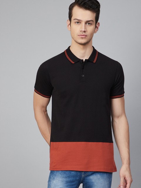 

The Roadster Lifestyle Co Men Black Rust Orange Colourblocked Polo Collar Pure Cotton T-shirt