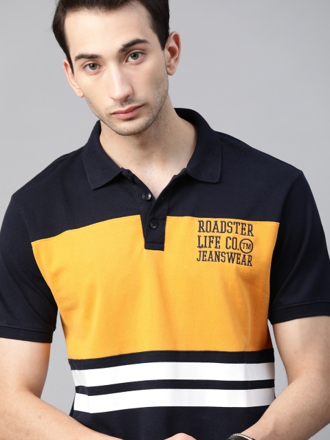 

The Roadster Lifestyle Co Men Navy Blue Yellow Colourblocked Pure Cotton Polo Collar Pure Cotton T-shirt