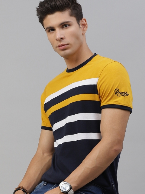 

The Roadster Lifestyle Co Men Mustard Yellow & Navy Blue Pure Cotton Striped T-shirt