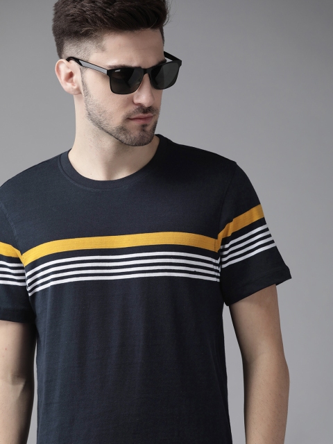 

Roadster Men Navy Blue White Striped Cotton T-shirt