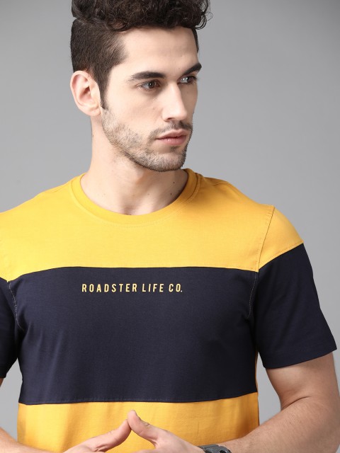 

Roadster Men Mustard Yellow Navy Blue Colourblocked Round Neck Pure Cotton T-shirt