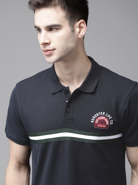 

The Roadster Lifestyle Co Men Navy Blue White Pure Cotton Striped Polo Collar Pure Cotton T-shirt