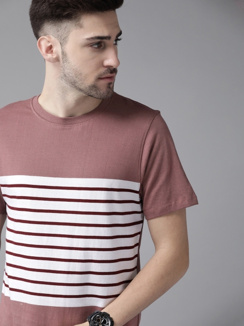 

Roadster Men Mauve & White Striped Cotton T-shirt