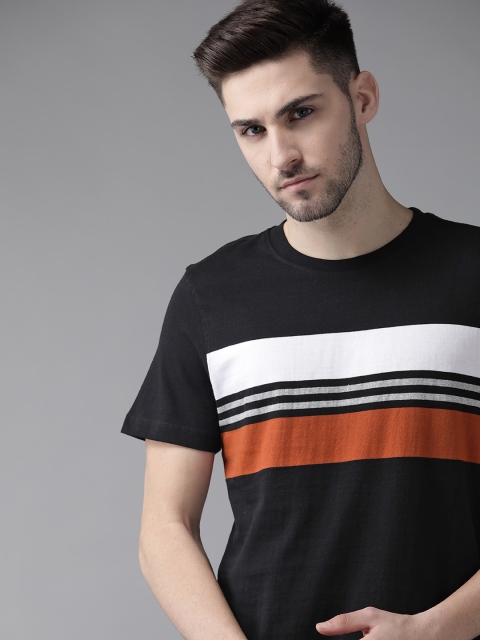 

The Roadster Lifestyle Co Men Black & White Striped Cotton T-shirt