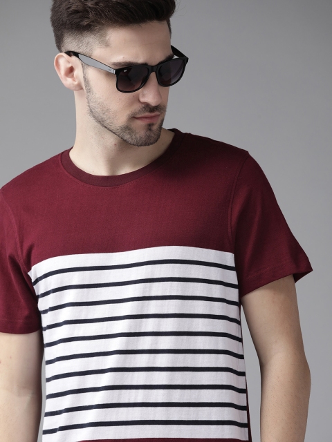 

The Roadster Lifestyle Co Men Maroon & White Striped Cotton T-shirt