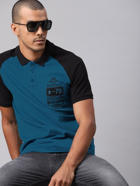 

The Roadster Lifestyle Co Men Blue Cotton Embroidered Detail Polo Collar T-shirt