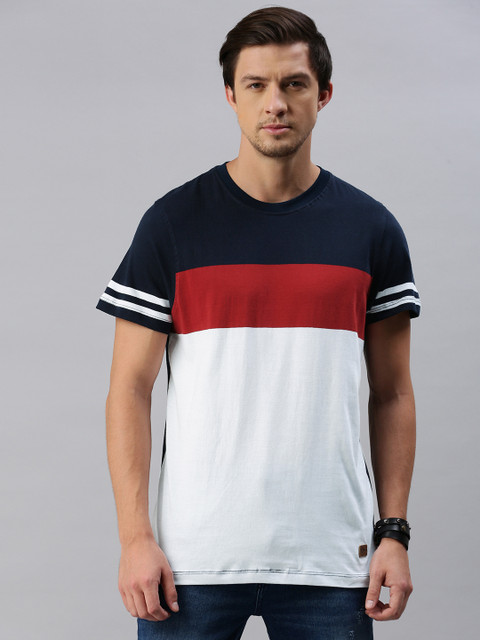 

The Roadster Lifestyle Co Men White navy Blue Colourblocked Round Neck Pure Cotton T-shirt