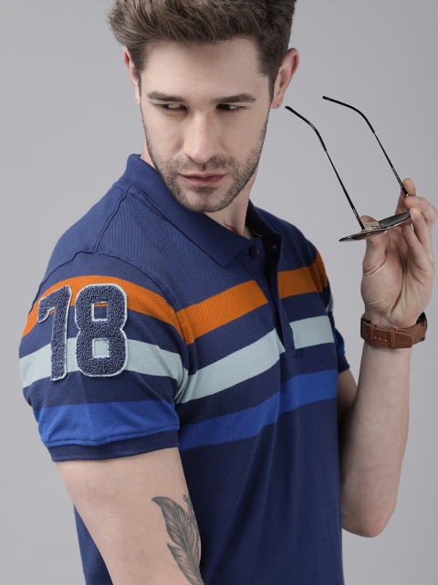 

Roadster Men Navy Blue Striped Polo Collar T-shirt