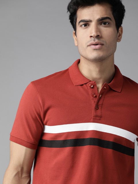 

Roadster Men Maroon & White Striped Pure Cotton Polo Collar T-shirt