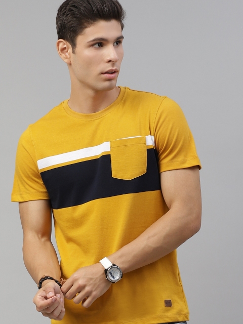 

The Roadster Lifestyle Co Men Mustard Black Colourblocked Pure Cotton T-shirt